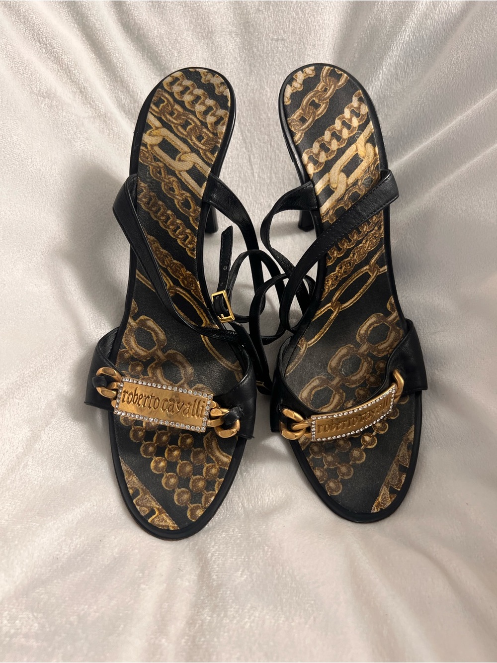 Roberto Cavalli Black Sandals with Gold Chain Motif and Logo Plaque